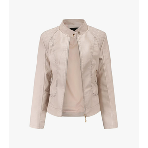 Women's Trendy Faux Leather Jacket Moto Short Jacket Fashion PU Jacket Coat (XL, Beige)
