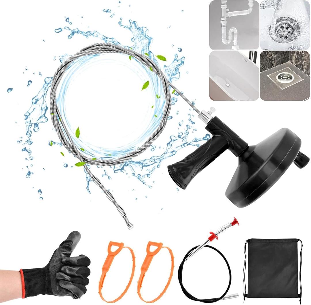 Drain Snake Auger 33 Feet, Professional Sink Snake Plumbing Snake Drain with Gloves Drill Attachment and Storage Bag, Heavy Duty Toilet Snake Auger for Bathroom Kitchen Tub Shower Drain Clog Remover