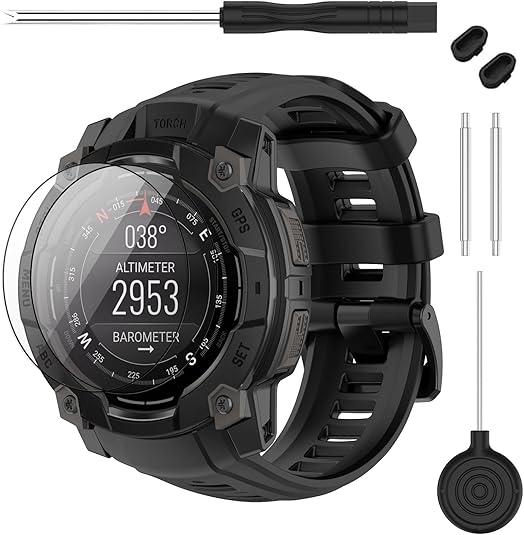 TopPerfekt Band Compatible with Garmin Instinct 3 45mm, Soft Silicone Replacement Watch Band 22mm Width Strap and 2 Pack Screen Protectors for Instinct E 40MM 45MM Smart Watch for Women Men (22mm-Instinct 3 45mm)