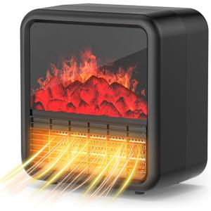 Small Portable Space Heater for Indoor use with Realistic 3D Flame, Mini Electric Fireplace Heater with Thermostat, 1500W/750W PTC Ceramic Heating, Tip-Over Safety Switch, Black