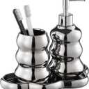 Silver Bathroom Accessory Set, 3-Piece Ceramic Bath Accessories Set with Tray, Lotion Dispenser, and Tumbler