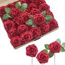 Ling's moment Artificial Flowers 50Pcs Kentucky Red Roses Decor w/Stems,3" Real Touch DIY Foam Floral for Wedding Bouquet/Centerpieces, Outdoors Party Backdrop, Room/Table, and Garden/Pot Decorations