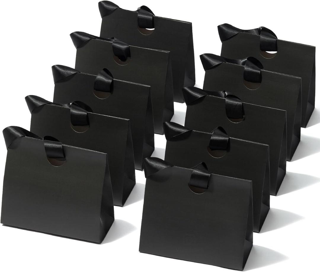 Vitalizart Paper Gift Bags With Ribbon Handles Set of 10 Black Bulk Reusable For Gift Wrap Girls Kids Birthday Bridal Shower Party Favors Goodie Bags Candy Toys Christmas 7.87"x3.54"x7.09" Small Size