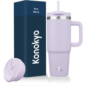 30 oz Tumbler with Handle and 2 Straws,2 in 1 Lid Insulated Water Bottle Stainless Steel Travel Coffee Mug,Wisteria