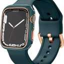 Sport Band and Bumper Case Compatible with Apple Watch 40mm 38mm 41mm 42mm 44mm 45mm 46mm Women, Soft Silicone Straps and Rose Gold Edge Protector Frame for iWatch Series 11 10 9 8 7 6 5 4 3 2 1 SE (Deep Green)