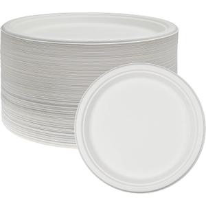 NYHI 125 Pack Compostable 10 Inch Heavy Duty Paper Disposable Plates Bulk For Adults Kids White Sugarcane Plates Cut Leak Resistant Compostable