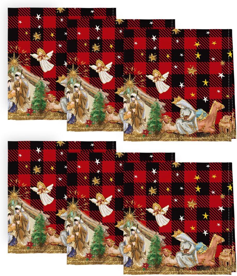 Horaldaily Christmas Cloth Napkins 18 x 18 Inch, Holy Nativity Red Buffalo Plaid Party Dinner Decoration Washable Napkins Set of 6