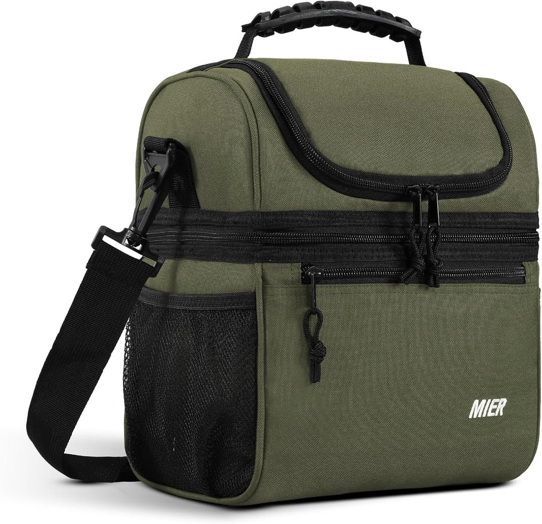 MIER Insulated Lunch Box Dual Compartment Lunch Bag Leakproof Cooler for Men Women Adult Work, Army Green, Medium (Upgraded Extra-Tall Bottom Layer)