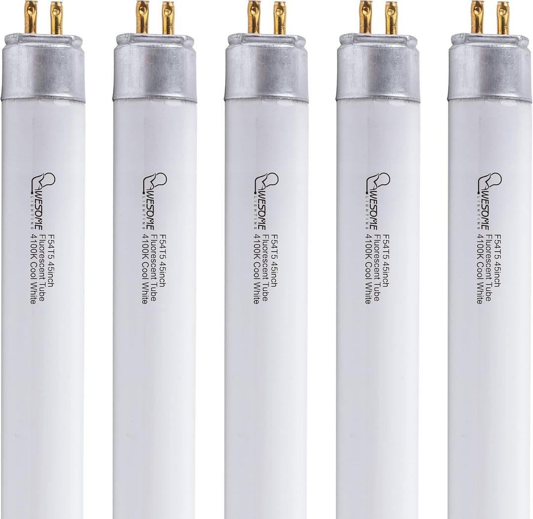 F54T5/841/HO Fluorescent Light Bulb, 46 Inch, T5 54 Watt Replacement Tube, 4100K Cool White, 4200 Lumens, High Output, G5 Bi-Pin Base, 4FT T5 Grow Light Bulbs - 5 Pack
