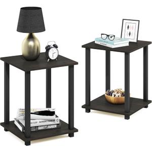 Furinno SIMPLISTIC Side Table Set of 2, 2-Tier Square Modern End Table, Nightstand, Night Stand, Bedside Table, Toolless Assembly, for Living Room, Bedroom, Espresso, 2-Pack, Plastic Pole