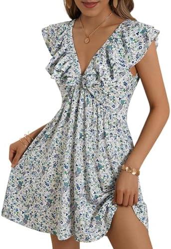 Loemes Women Summer Cute Floral Deep V Neck Mini Dress Casual Ruffle Sleeveless High Waist Swing Beach Sundress with Pockets Size M