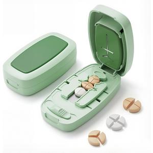 Pill Cutter Splitter with Adjustable Slot, 1/2 1/3 1/4 Even Splitting for Small Large Pills, Oval Long Tablets & Vitamins, Dual Fixing Clips, Multi-Pill Cutting, Hidden Sharp Blade (Green)