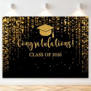 Class of 2026 Backdrop Black Gold Glitter Bokeh Graduation Party Background 2026 Congrats Grad Prom Party Cake Table Decoration Photo Booth Props (10x7ft)