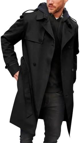 Pretifeel Mens Trench Coat Slim Fit Double Breasted Long Jacket Notched Lapel Belt Fall Windproof Coat(SIZE S)