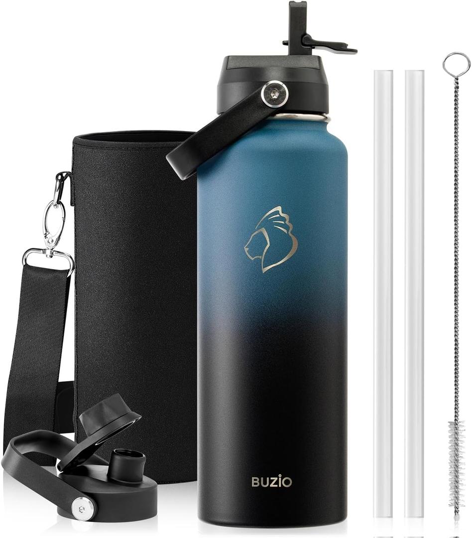 BUZIO Water Bottle with Straw Lid and Flex Cap, 40oz Double Vacuum Stainless Steel Water Flask, Cold for 48 Hrs Hot for 24 Hrs Simple Thermo Canteen Mug, Indigo Black