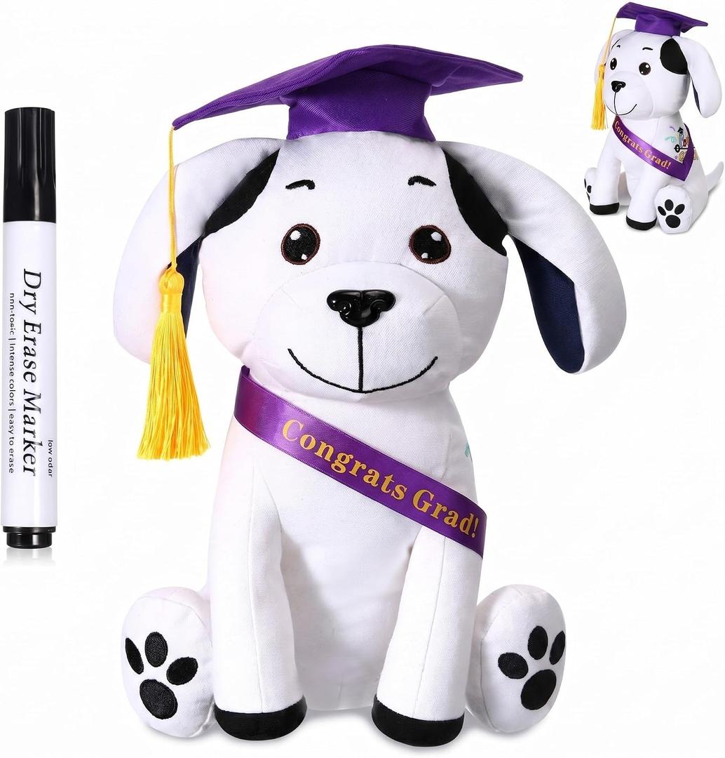 Zomiboo Graduation Dog Autograph Stuffed Animal 2026 Smooth Fabric Stuffed Toy with Congrats Grad Signature Dog Animal with Marking Pen Gold Tassels for Graduate Party Supplies(Purple), 12 inches