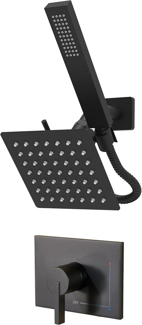 SOOOHOT Black Shower Head and Handle Set, Shower Faucet Set Dual Shower Heads with Handheld Spray Combo, All Metal 6" Dual Shower Head Combo and 3-Way Diverter, Black Shower Faucet Set with Valve