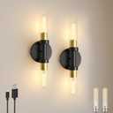 Rechargeable Battery Operated Wall Sconce Set of 2, Dimmable Wall Light with Touch Control, Wireless Bathroom Vanity Lights Over Mirror, Modern Wall Lamp for Living Room Hallway, Black Gold