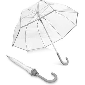 Weather Station Clear Dome Rain Umbrella, Automatic Open, Bubble, Windproof, Waterproof, Lightweight, Full 52 Inch Arc, Stick, Gray Trim