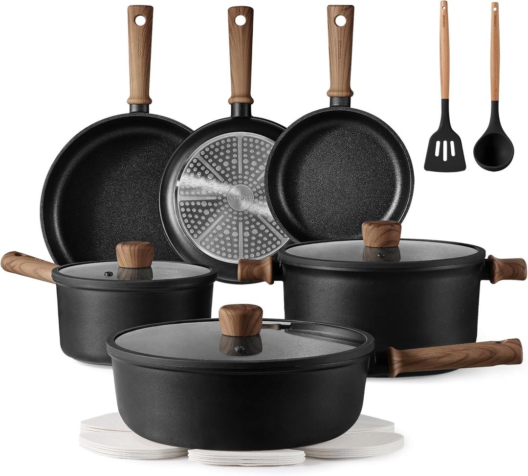 CAROTE Nonstick Pots and Pans,Cookware Set 16pcs Kitchen Cooking Sets, Pot and Pan Non Stick w/Frying pan (Black)