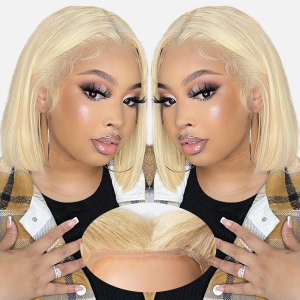 EAGERA Blonde Bob Glueless Wig Human Hair Pre Plucked Pre Cut 14 Inch 7x5 Blonde HD Lace Closure Wig 613 Pre Bleached Wear and Go Wig Short 613 Bob Glueless Wig Human Hair 200% Density for Women
