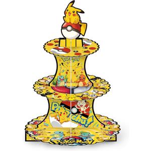 For Pokemon Themed Party Supplies and Decorations, a Three-Tiered Cupcake Stand, a Display Stand for Birthday Desserts and Cakes, which is Suitable for Cute-Style Birthday Decorations.