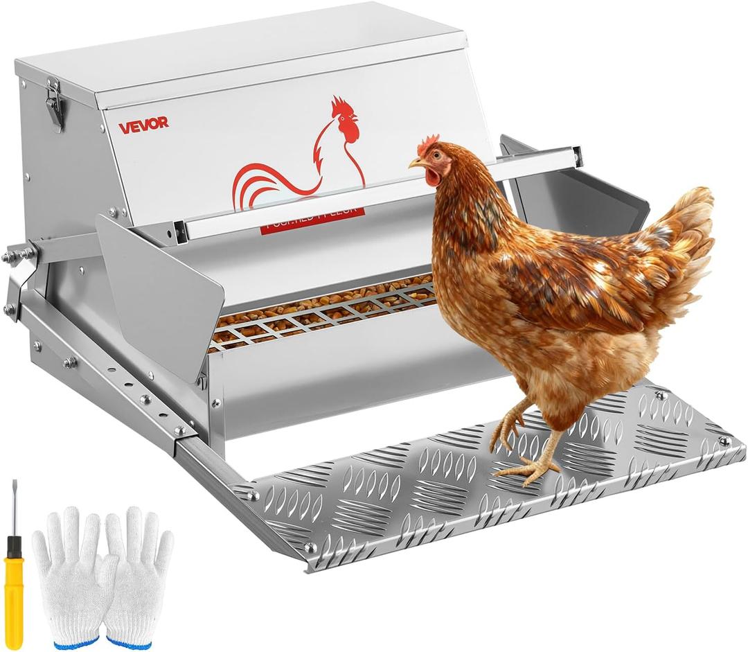 VEVOR Automatic Chicken Feeder, 25 lbs Upgraded Rainproof Treadle Poultry Feeder with Lockable Lid, No Waste, Galvanized Steel Construction, Outdoor Use, for Chicken, Bantams, Poultry, Pheasants