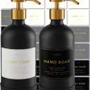 Hand and Dish Soap Dispenser for Kitchen and Bathroom, Set of 2 16 Oz Glass Bottles, Stainless Steel Pumps, Non-Slip Silicone Base, 27 Waterproof Labels (Matte Black Bottle/Brushed Gold Pump)