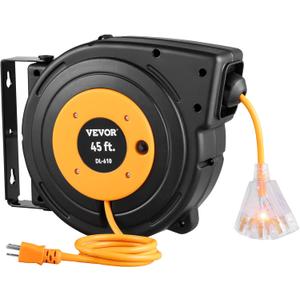 VEVOR Retractable Extension Cord Reel, 45 FT, Heavy Duty 12AWG/3C SJTOW Power Cord, with Lighted Triple Tap Outlet, 15 Amp Circuit Breaker, 180 Swivel Bracket for Ceiling or Wall Mount