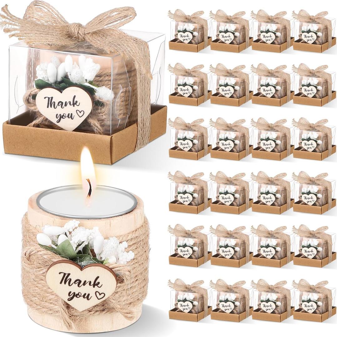 Retisee Wedding Candle Favors for Guests Bridal Shower Wood Memorial Tealight Candle Holder Thank You Gifts Handmade Candles for Wedding Baby Shower Housewarming Table Centerpiece(24 Sets)