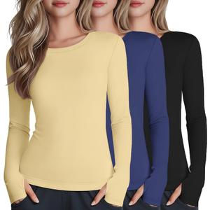 3 Pack Girl's Long Sleeve Athletic Shirts with Thumb Holes Compression Top Quick Dry Basic Activewear (9-10 Years, Yellow, Navy Blue, Black)