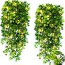 RECUTMS Artificial Hanging Plant Indoor Faux Plants Outdoor Large 2pcs Hanging Greenery with LED Lights Strings Silk Rose Flowers Plastic Leaves Decor for Party Wedding House Patio (Green)