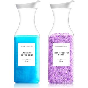 Laundry Detergent Dispenser Bottle 54oz with Waterproof Label for Laundry Detergent Soap Fabric Softener Bleach Scent Booster Beads, Sturdy PET Plastic Bottle for Laundry Room Decor 2 Pack White