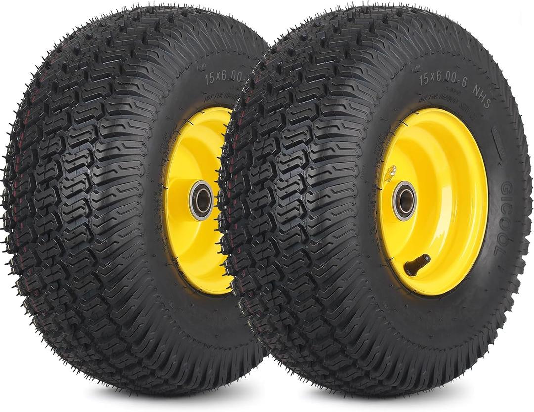 (2 Pack) 15x6.00-6 Tubeless Tire and Wheel, 3" Offset Hub, 3/4" Bearing, 4 Ply, 15x6-6 Replacement Riding Lawn Mower Front Tires, Compatible with 100 and 300 Series John Deere Riding Mowers