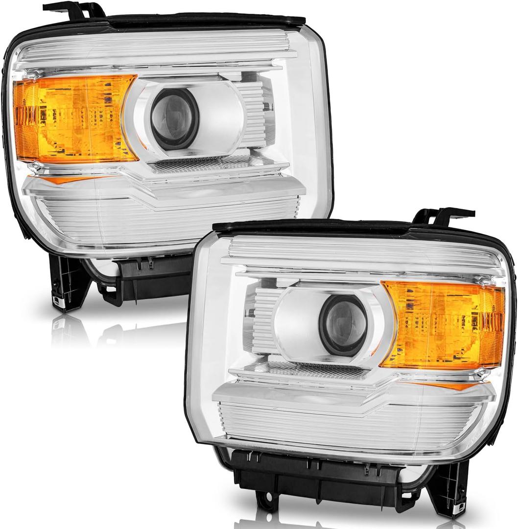 Headlights Assembly for 2014-2018 GMC Sierra 1500 Base / 2015-2019 GMC Sierra 2500HD / 2015-2019 GMC Sierra 3500HD Replacement Pair Set Chrome Housing NOT for factory LED models (Clear Lens I Chrome Housing I Amber Reflector)