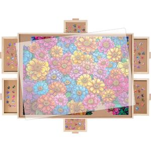 1500 Pieces Rotating Puzzle Board with 6 Drawers, Lazy Susan & Transparent Cover, 34.2"x25.2" Portable Wooden Jigsaw Puzzle Board, Great Gift for Puzzle Enthusiasts