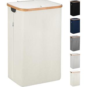 LONBET Laundry Basket with Lid, Made from Breathable Fabric | Aesthetic Clothes Hampers for Laundry with Side Handles & Sturdy Bamboo Frame (26 lb- Single, Beige)