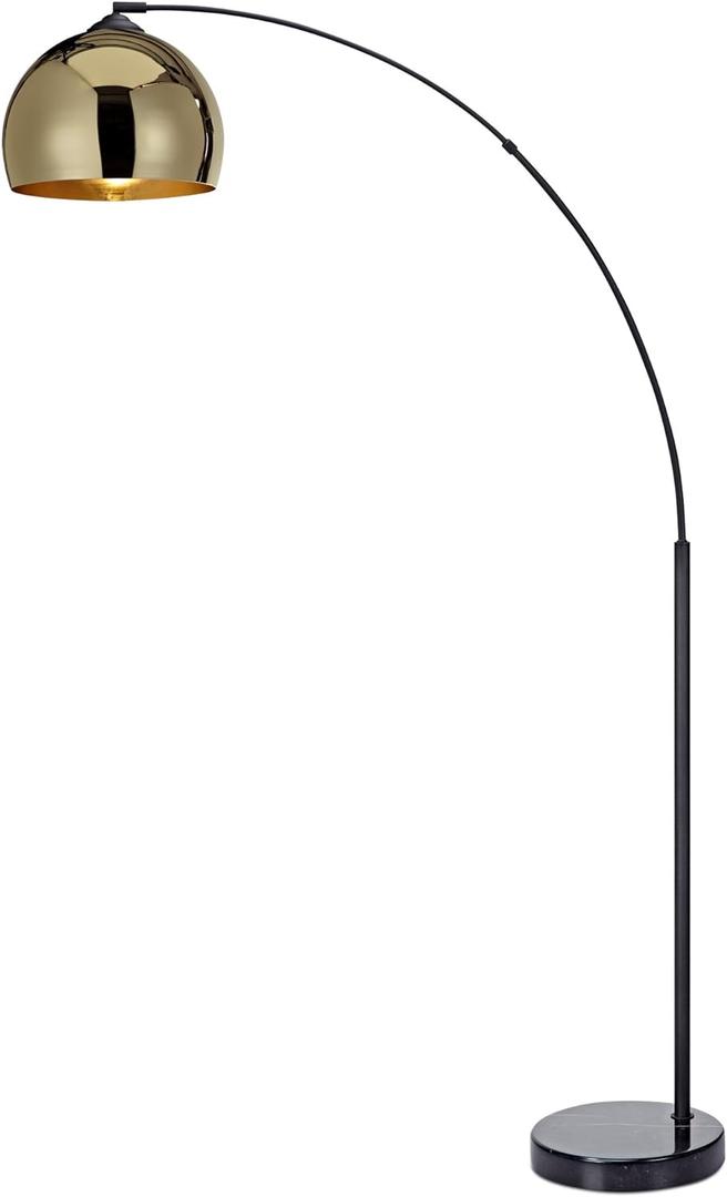 Teamson Home Arquer 66.93" Arc Floor Lamp for Living Rooms, Home Offices, Dining Rooms, Bedrooms with Faux Black Marble Base and Gold Bell Shade