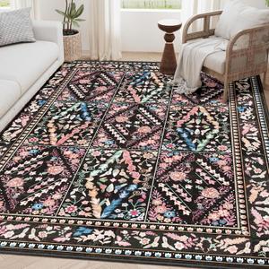 Black Rug 5'x7' - Washable Floral Boho Diamond Area Rug for Bedroom Living Room Bedside, Kitchen,Dining Room,Kids Room, Office, Low Pile Ultra Soft Stain & Fade Resistant Non Slip Carpet