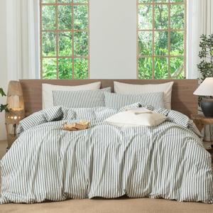 MooMee Striped Duvet Cover Set 100% Washed Cotton Linen Like Textured Breathable Durable Soft Comfy (Heathered Green Classic Stripes, Cal King 104"x98")