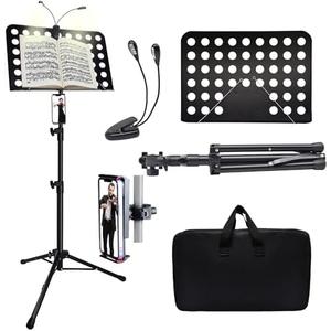 Sheet Music Stand with Light & Phone Holder, 57" Music Stand for Sheet Music High Stability, Height Adjustable Music Sheet Stand, Portable Music Book Holder (33-57inch)