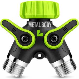 LIME 2 Way Hose Splitter Heavy Duty - Metal Y Garden Hose Splitter with Shutoff Valves, Brass Outdoor Faucet Adapter for Spigot, 3/4 Inch GHT Water Hose Connector