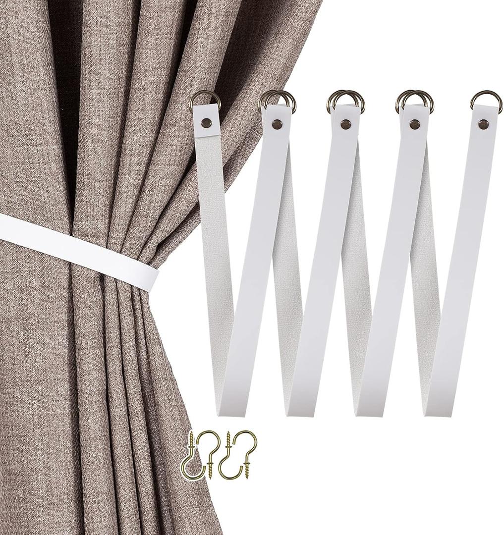 Home Queen Leather Curtain Tie Backs, Library Style Drape Holdbacks Tiebacks for Home Office Bedroom Kitchen Shower Room, 4 Pack, Ink Black