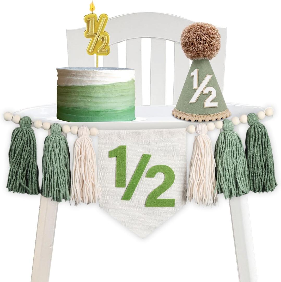 Wild Green Half Birthday Decoration, 1/2 Birthday Boy High Chair Banner with Handmade Hat and Candle, Half Way to One Baby Boy 6 Month Party Supply