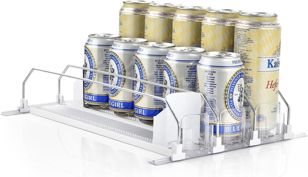 OTraki Drink Organizer for Fridge, 3 Rows Soda Can Drink Dispenser for Refrigerator Space-Saving Can Holders Dispenser with Automatic Pusher Glide and Adjustable Width, Hold up to 15 Cans, Clear