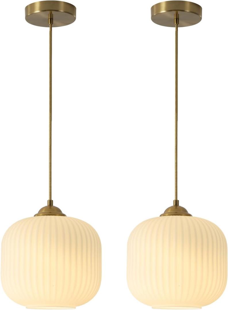 KCO Lighting Mid Century Modern Gold White Pendant Light Milk Glass Globe Pendant Lights Kitchen Island Antique Brass Pendant Light Vintage Hanging Light Fixture for Dining Room Living Room (2-Pack)