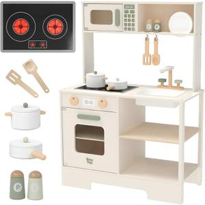 Nene Toys Wooden Play Kitchen for Toddlers & Kids – Toy Kitchen Playset with Lights & Sounds Stove, Sink, Faucet, Microwave, Oven + Food Accessories – Montessori Pretend Play Gift, Ages 3-6