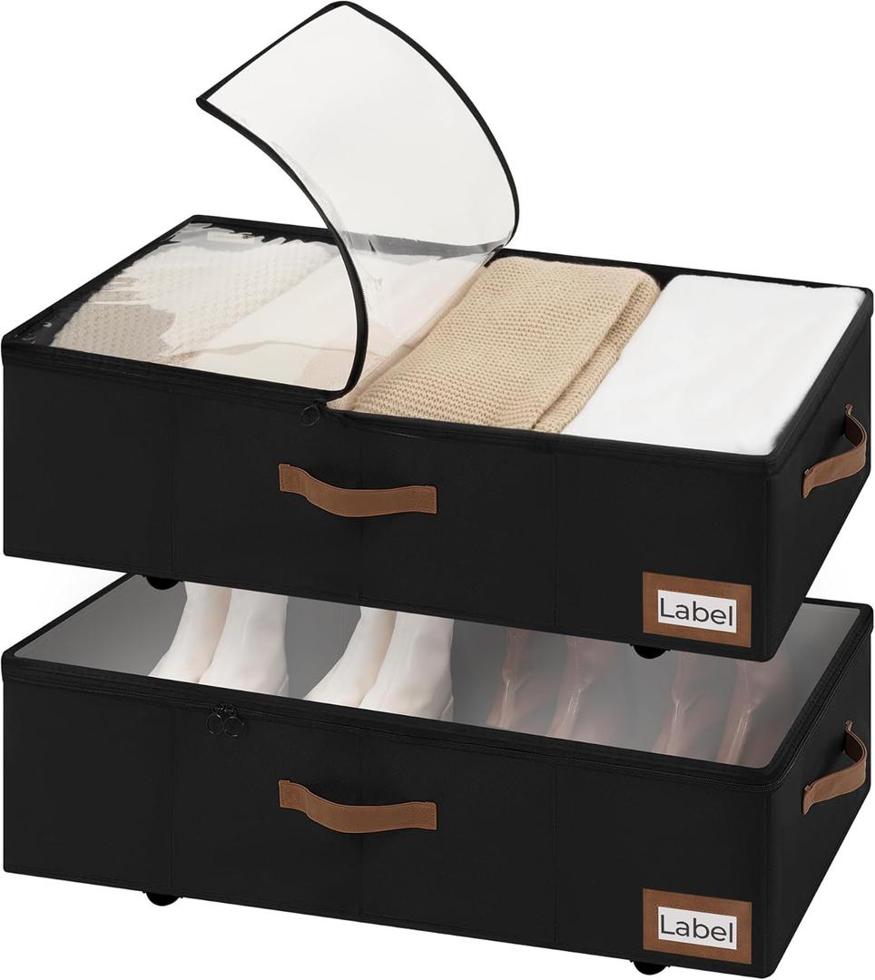 StorageWorks Under Bed Storage with Wheels, 10" Underbed Storage Containers with Lid, 90L Clothes Organizer for Blankets, Sweaters, Bedding, 2-Pack, Black