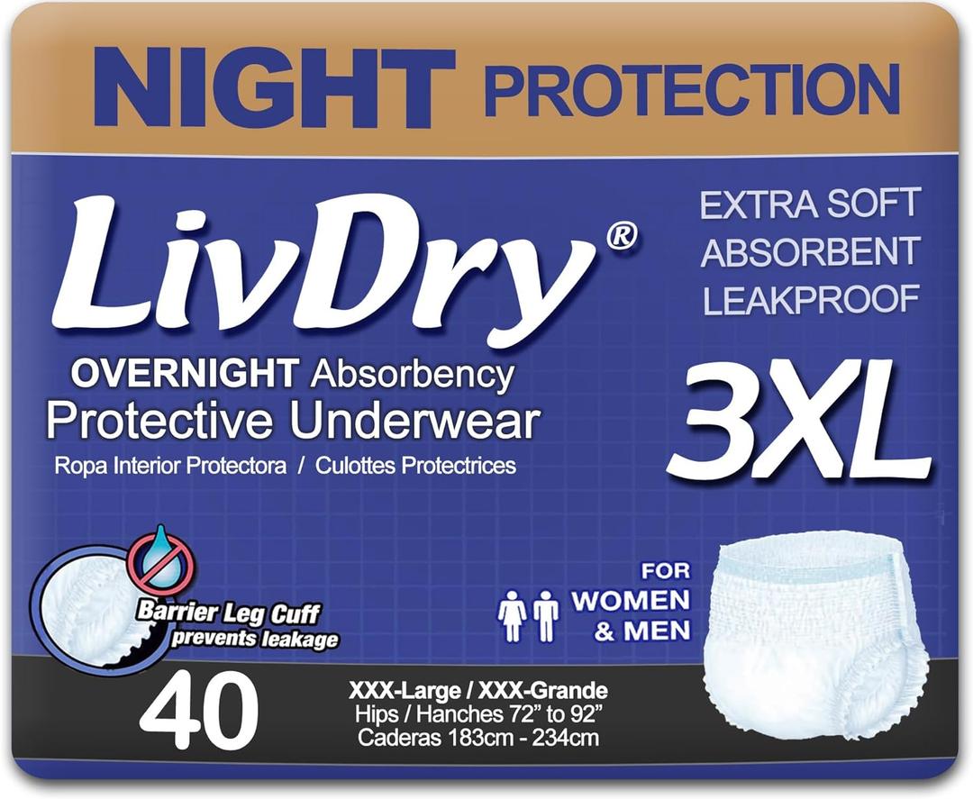 LivDry 3XL Overnight Adult Diapers for Women and Men, XXXL Incontinence Underwear, 72-92" Waist, Disposable Pull-On Briefs, XXX-Large, 40 Count