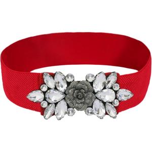 Women Big Rhinestone Belts Sparkly Crystal Belts Wide Stretchy Elastic Belt for Ladies Dresses (XL-XXL(35~41"), Rose Red)
